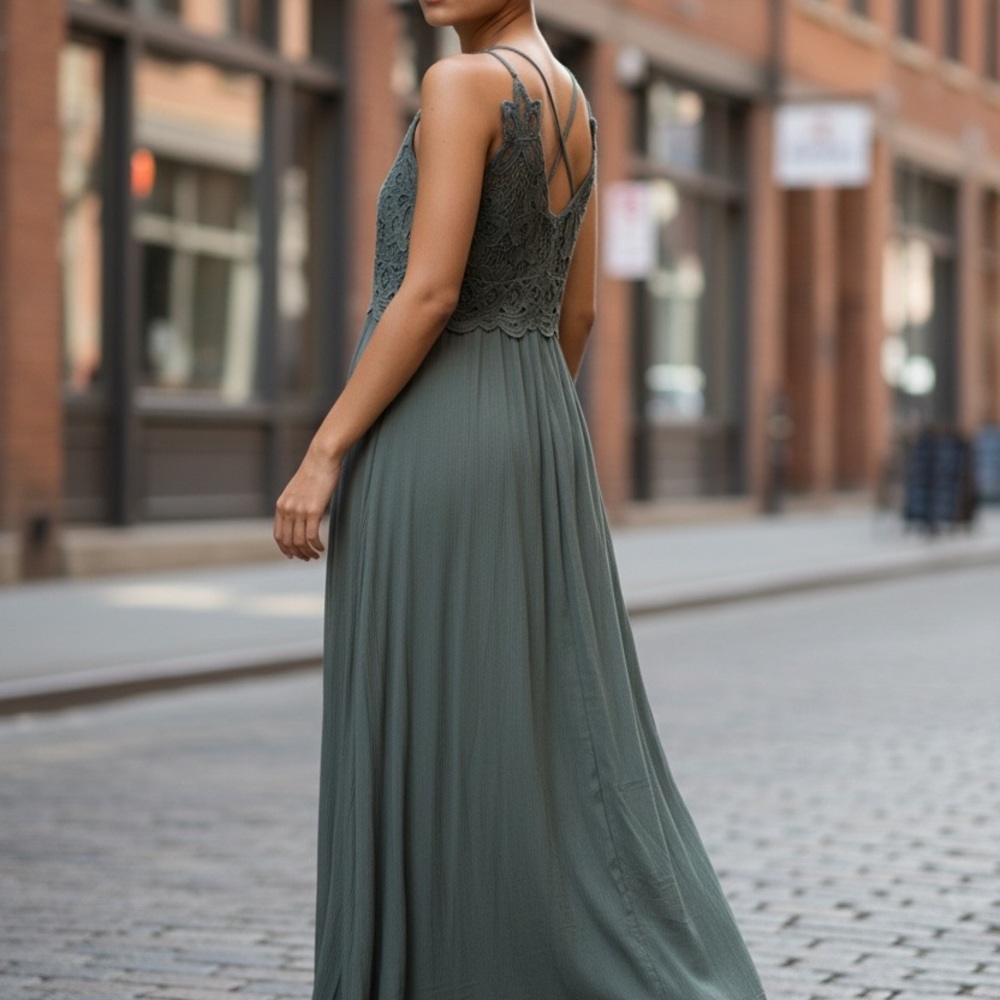 Rue 21 Boho Olive Green Smocked Strappy Maxi Dress